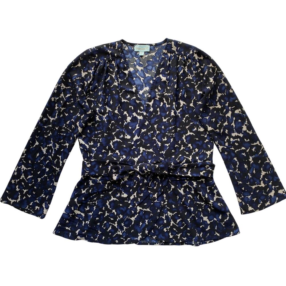 Veronica M. Blue Black Watercolor Abstract Print‎ Wrap Tie Blouse V-Neck Small